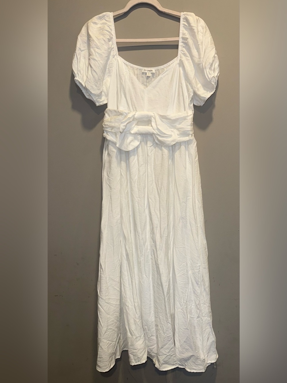 Blu Pepper White Maxi Dress with Puff Sleeves and Waist Bow